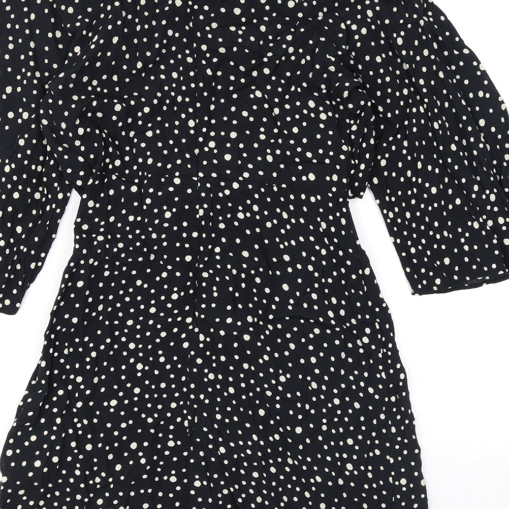 Topshop Womens Black Polka Dot Viscose A-Line Size 6 Round Neck Zip - Cutout