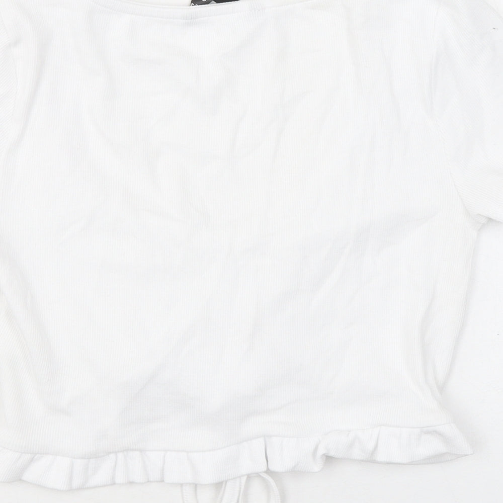 Dunnes Womens White Cotton Cropped T-Shirt Size M V-Neck - Ruched