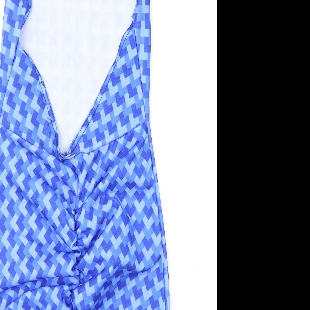 Pink Vanilla Womens Blue Geometric Polyester Mini Size 8 Halter Tie - Open Back
