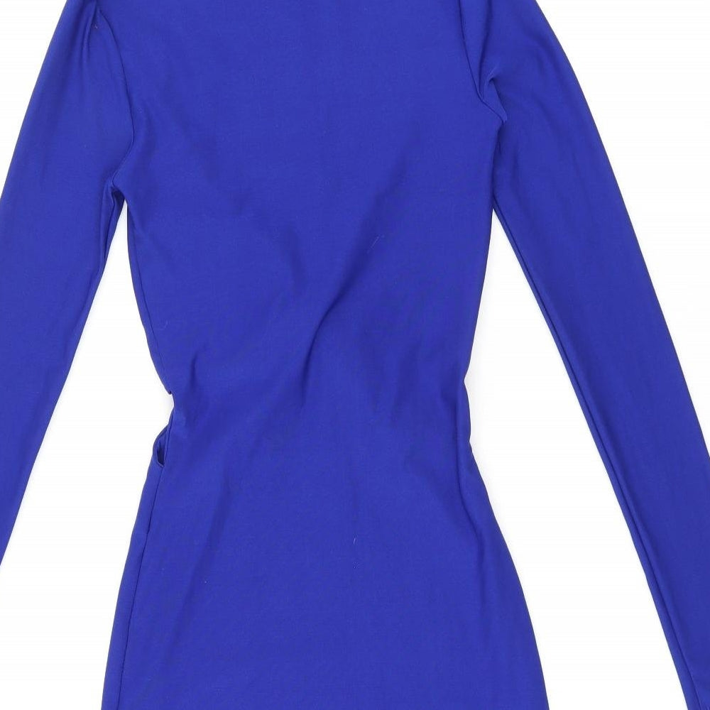 Topshop Womens Blue Viscose Bodycon Size 6 Boat Neck Pullover - Cut Out Sides, Twist Detail