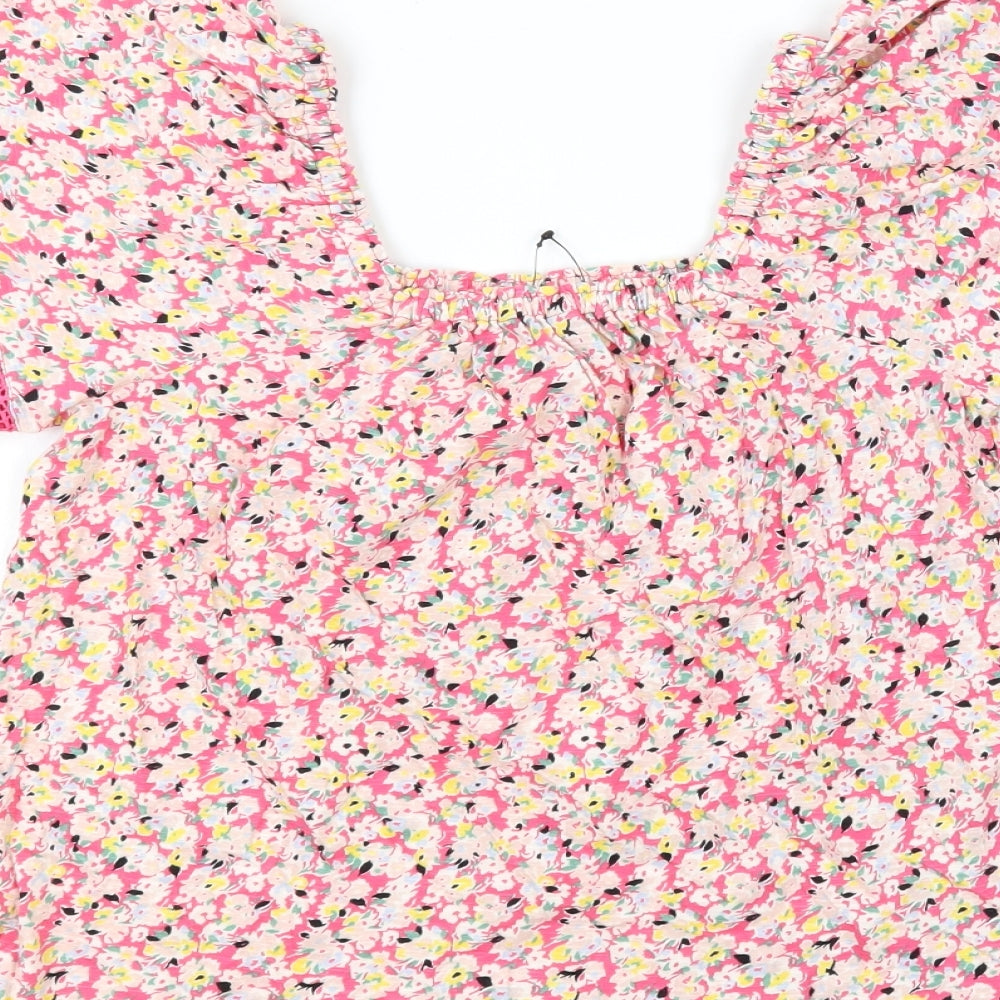 Marks & Spencer Womens Pink Floral 100% Cotton Basic Blouse Size 6 Square Neck - Crochet Detail