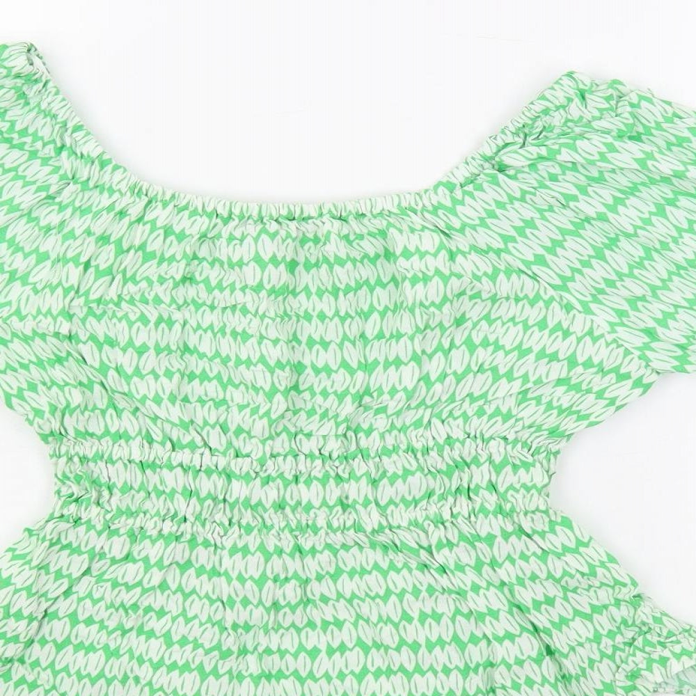 Marks & Spencer Womens Green Geometric Viscose Basic Blouse Size 6 Off the Shoulder - Elastic Waist