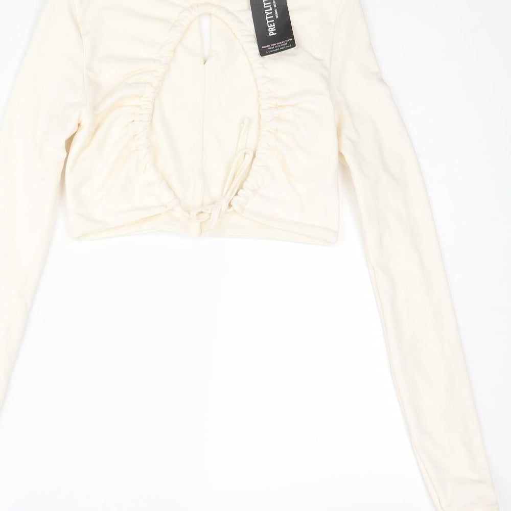 PRETTYLITTLETHING Womens Ivory Polyester Cropped Blouse Size 4 Mock Neck - Open Front Drawstring