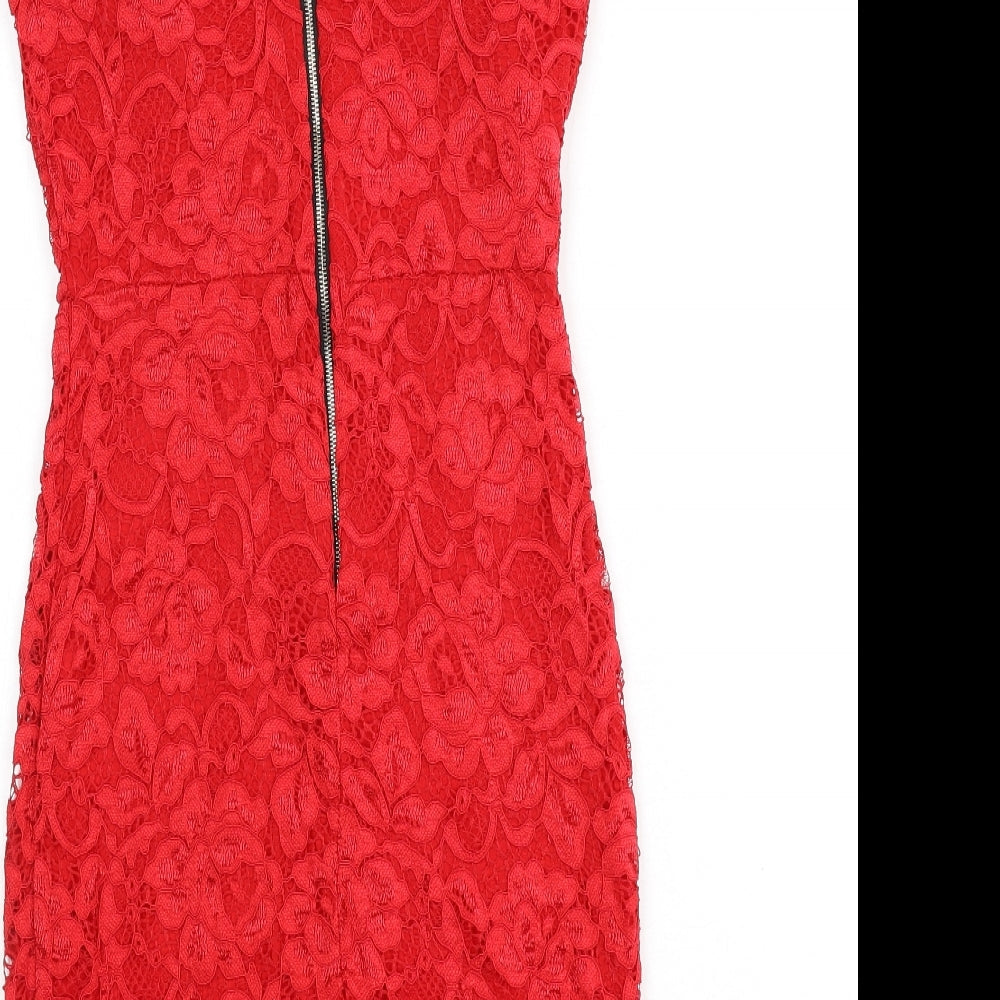 Cameo Rose Womens Red Floral Polyester Bodycon Size S Scoop Neck Zip - Lace Overlay