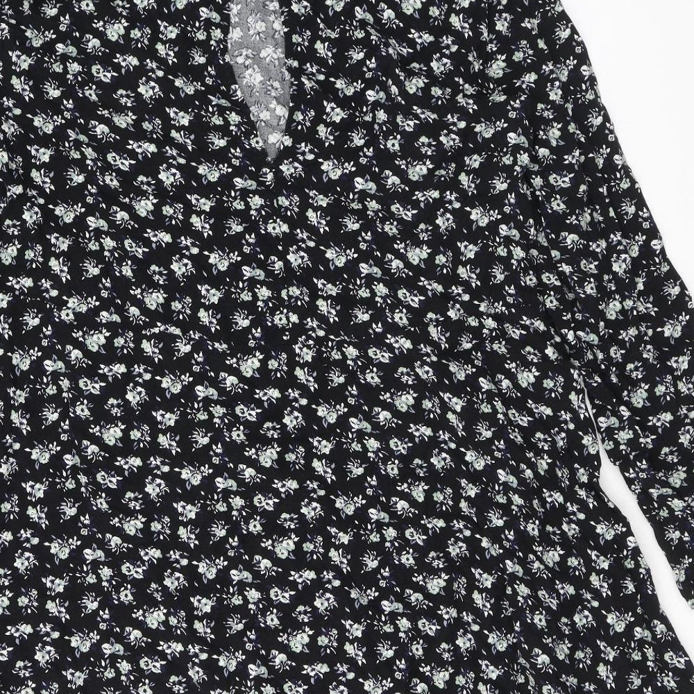 H&M Womens Black Floral Viscose A-Line Size 10 Round Neck Button