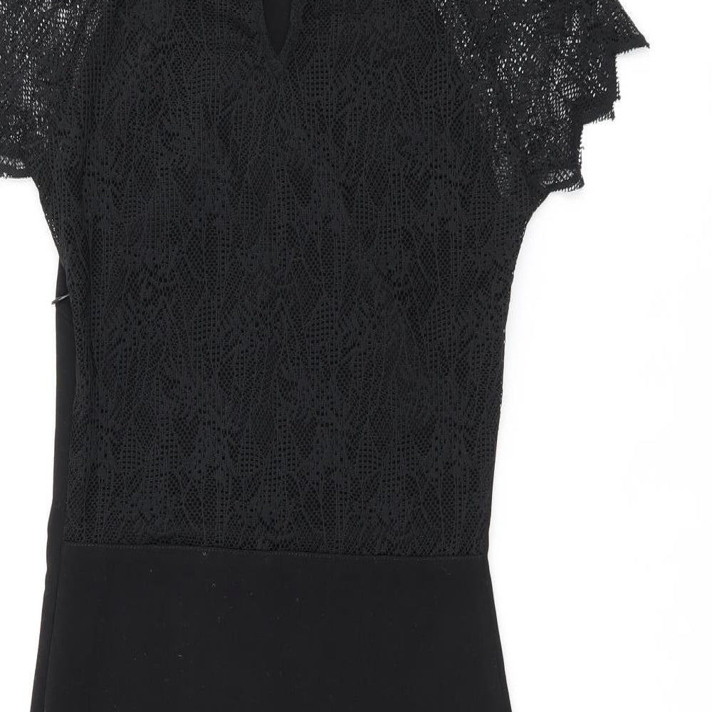 Zara Womens Black Polyester Bodycon Size S Round Neck Zip - Lace Detail