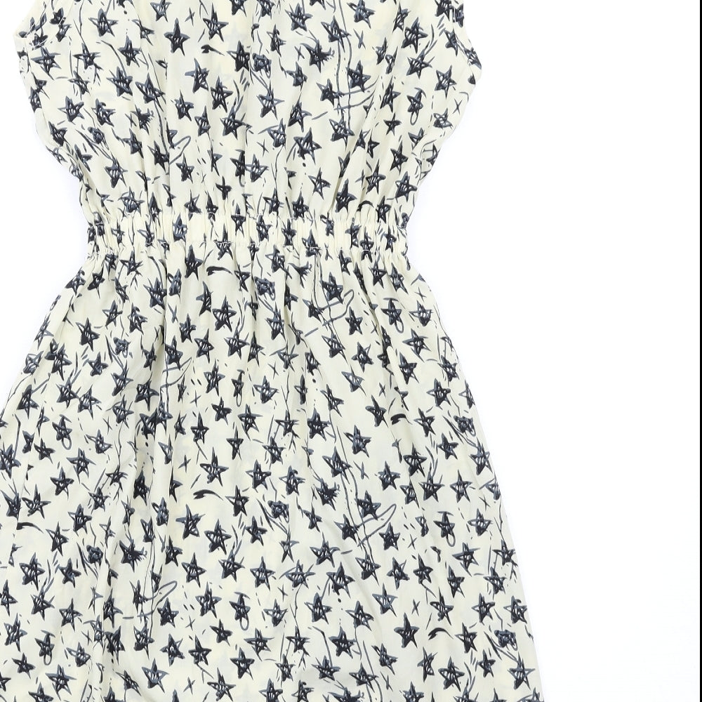 TENKI Womens Ivory Geometric Polyester A-Line Size S Round Neck Zip