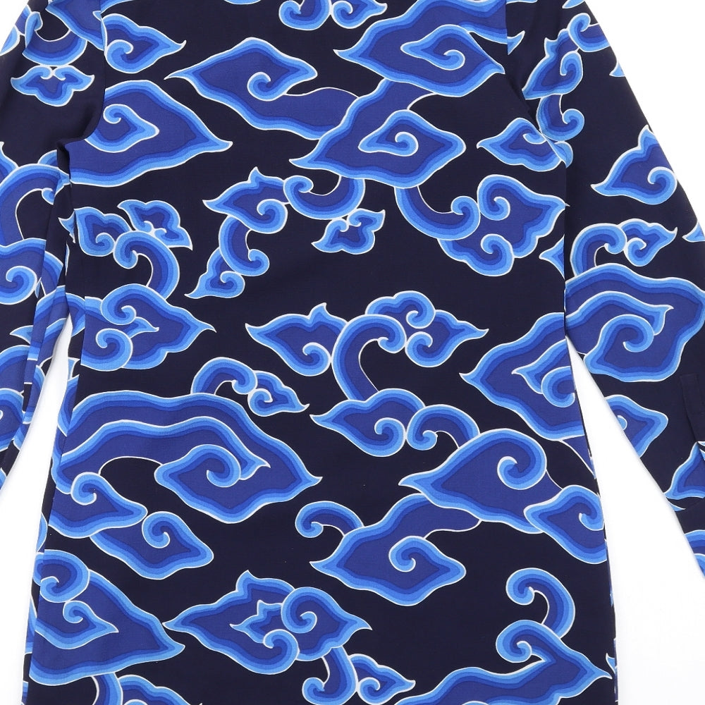 marksand Womens Blue Geometric Polyester Shirt Dress Size 8 Collared Button