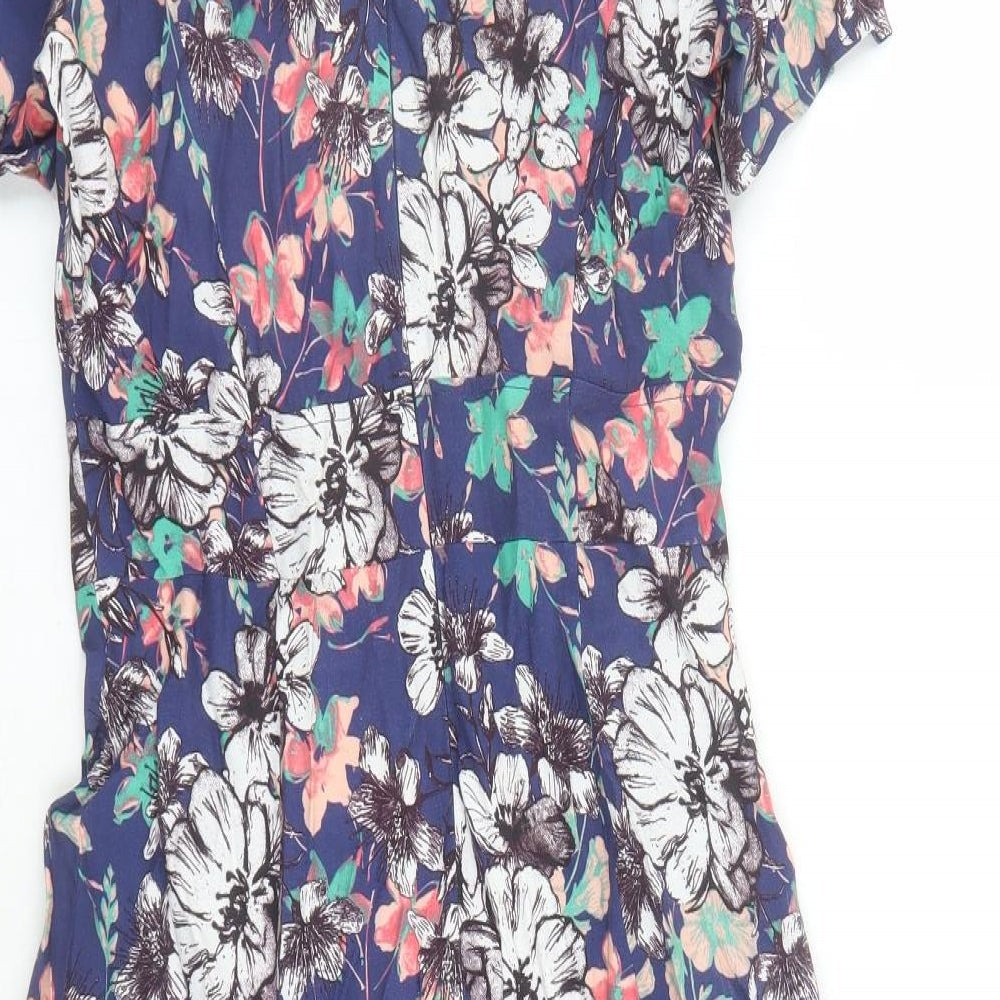 Monsoon Womens Blue Floral Viscose Fit & Flare Size 8 Round Neck Zip