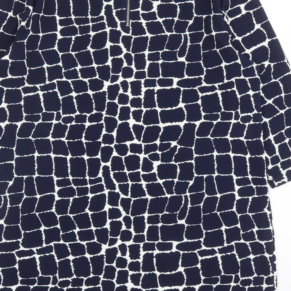 Marks & Spencer Womens Blue Geometric Polyester A-Line Size 14 Round Neck Zip
