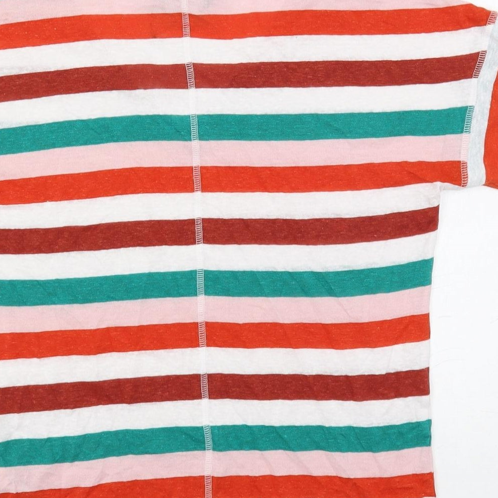 Marks & Spencer Womens Multicoloured Striped Linen Basic T-Shirt Size 8 V-Neck