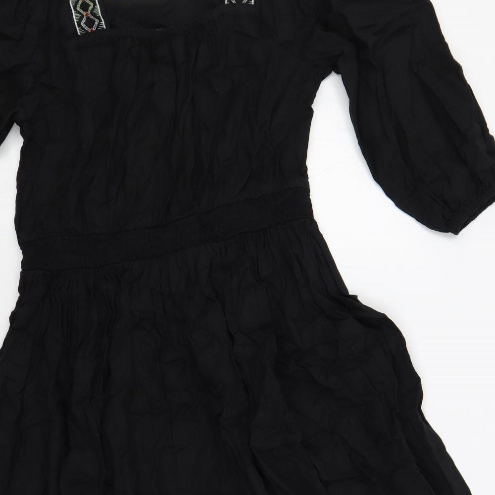 Marks & Spencer Womens Black Linen A-Line Size 10 Square Neck Pullover - Embroidered