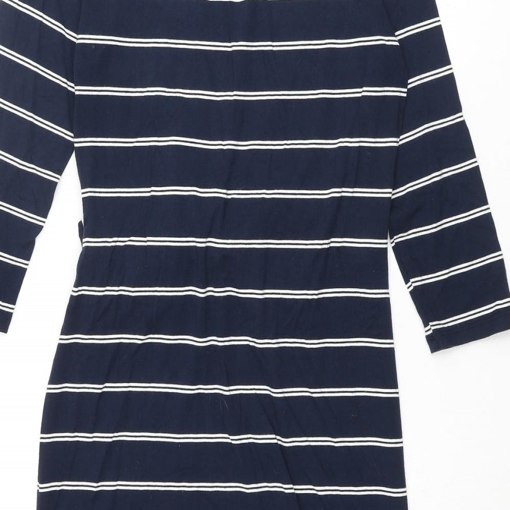 Marks & Spencer Womens Blue Striped Viscose Pencil Dress Size 10 Round Neck Pullover - Knot Detail