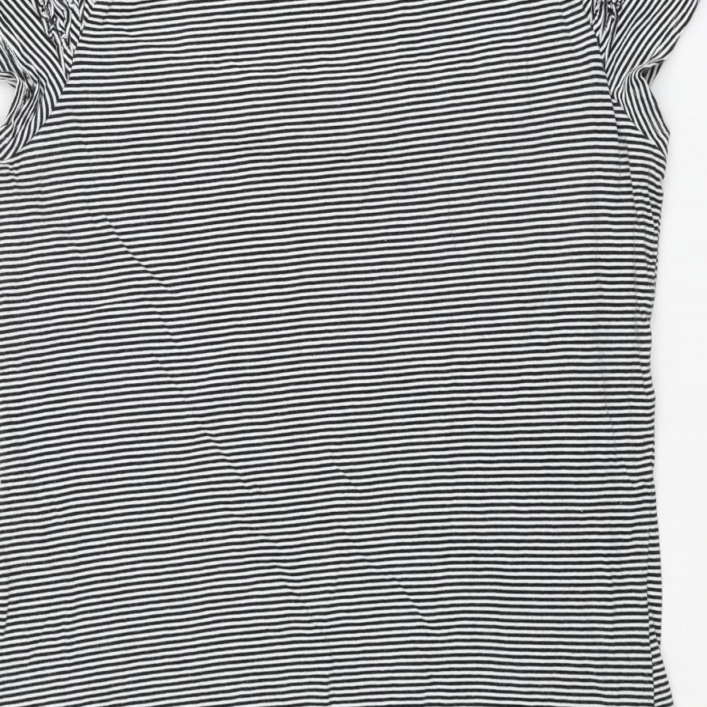 Marks & Spencer Womens Black Striped Cotton Basic Blouse Size 14 Round Neck - Frill