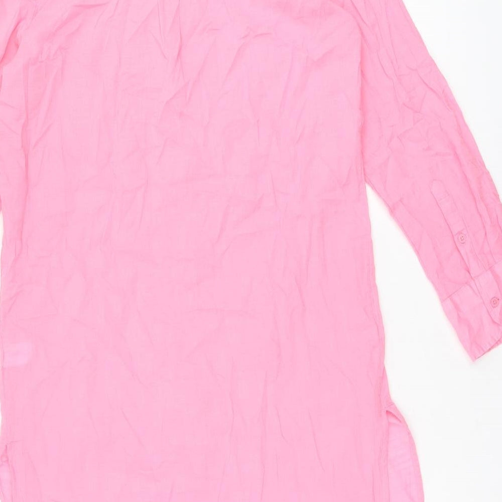 Marks & Spencer Womens Pink Cotton Shirt Dress Size 10 Round Neck Button - Split Hem