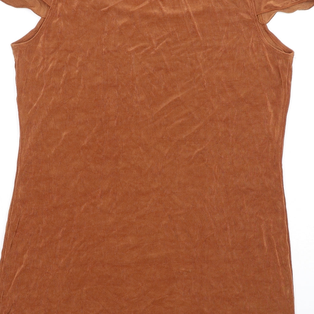 Kim&Co Womens Brown Acetate Basic T-Shirt Size L Round Neck - Cold Shoulder