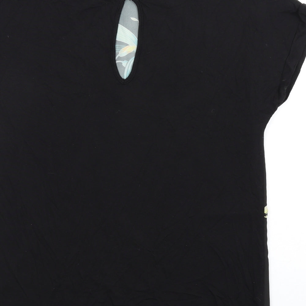 Warehouse Womens Black Floral Polyester Basic T-Shirt Size 6 Round Neck