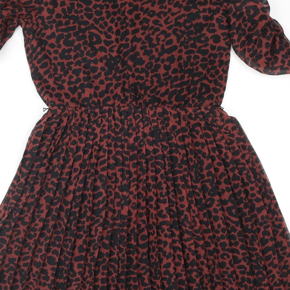 Oasis Womens Red Striped Polyester Fit & Flare Size 8 Round Neck Button - Leopard Print