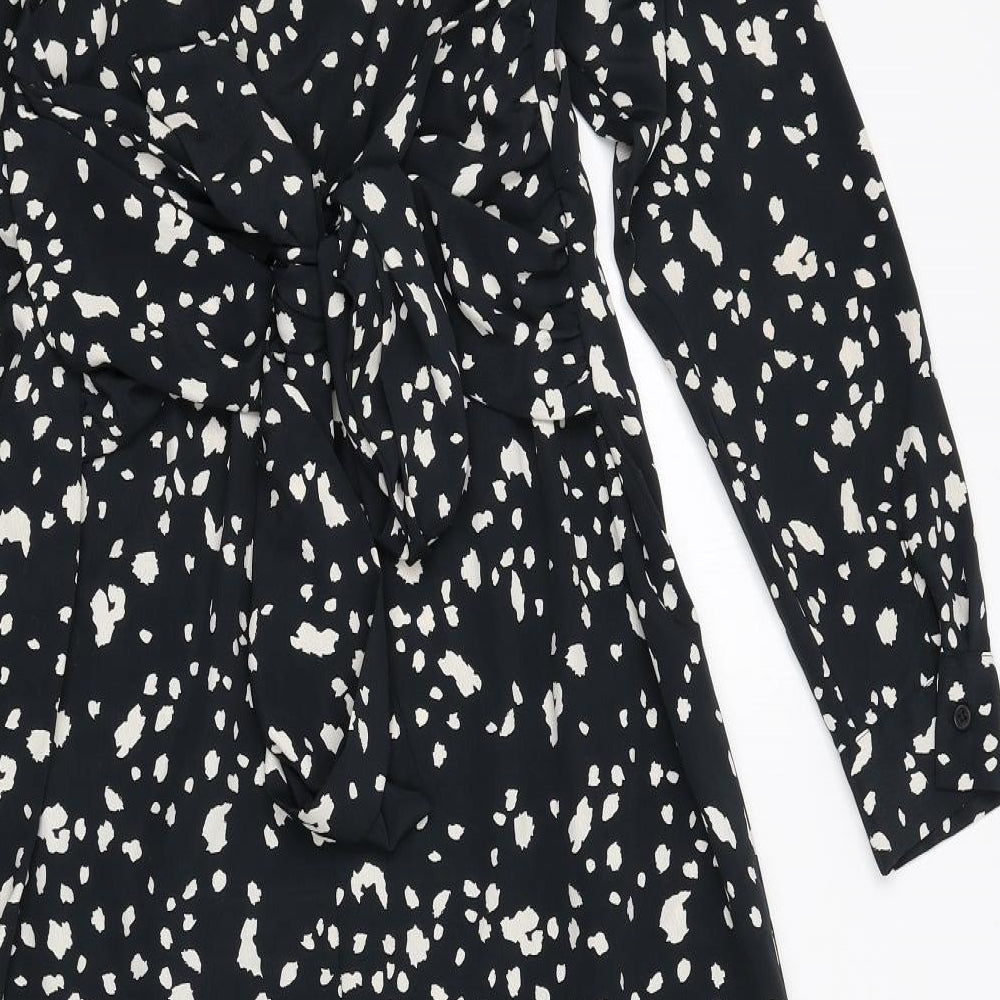 Topshop Womens Black Geometric Polyester A-Line Size 10 Collared Button - Slit, Tie Detail