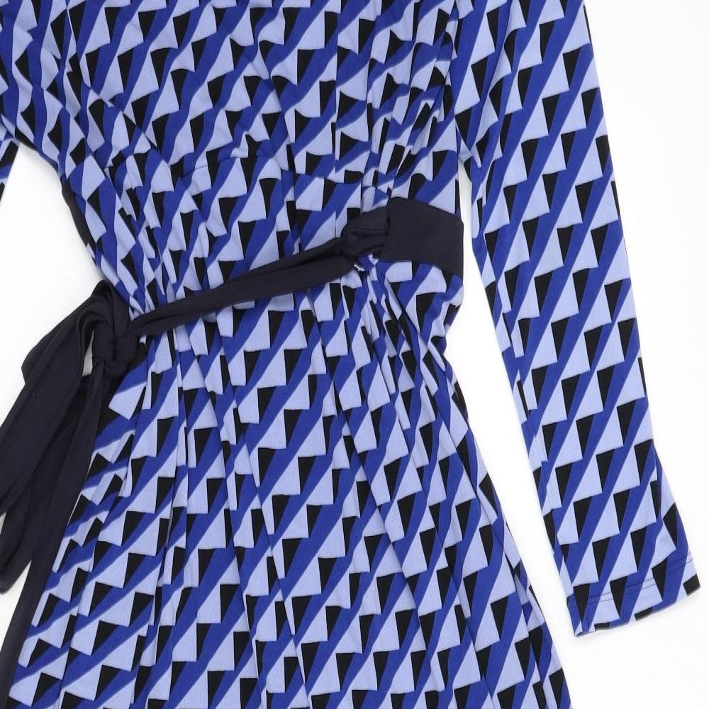 Marks & Spencer Womens Blue Geometric Polyester Wrap Dress Size 12 V-Neck Tie