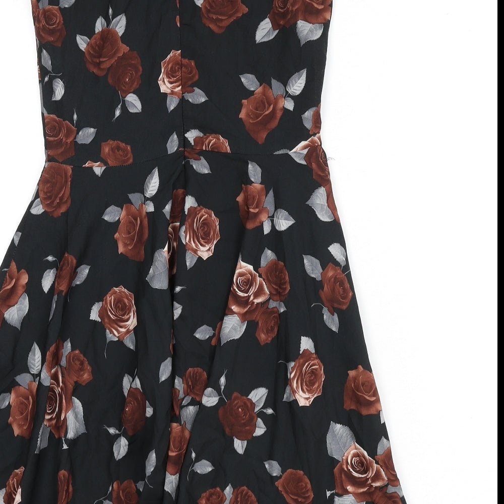 Mela London Womens Black Floral Viscose Fit & Flare Size 8 Round Neck Zip