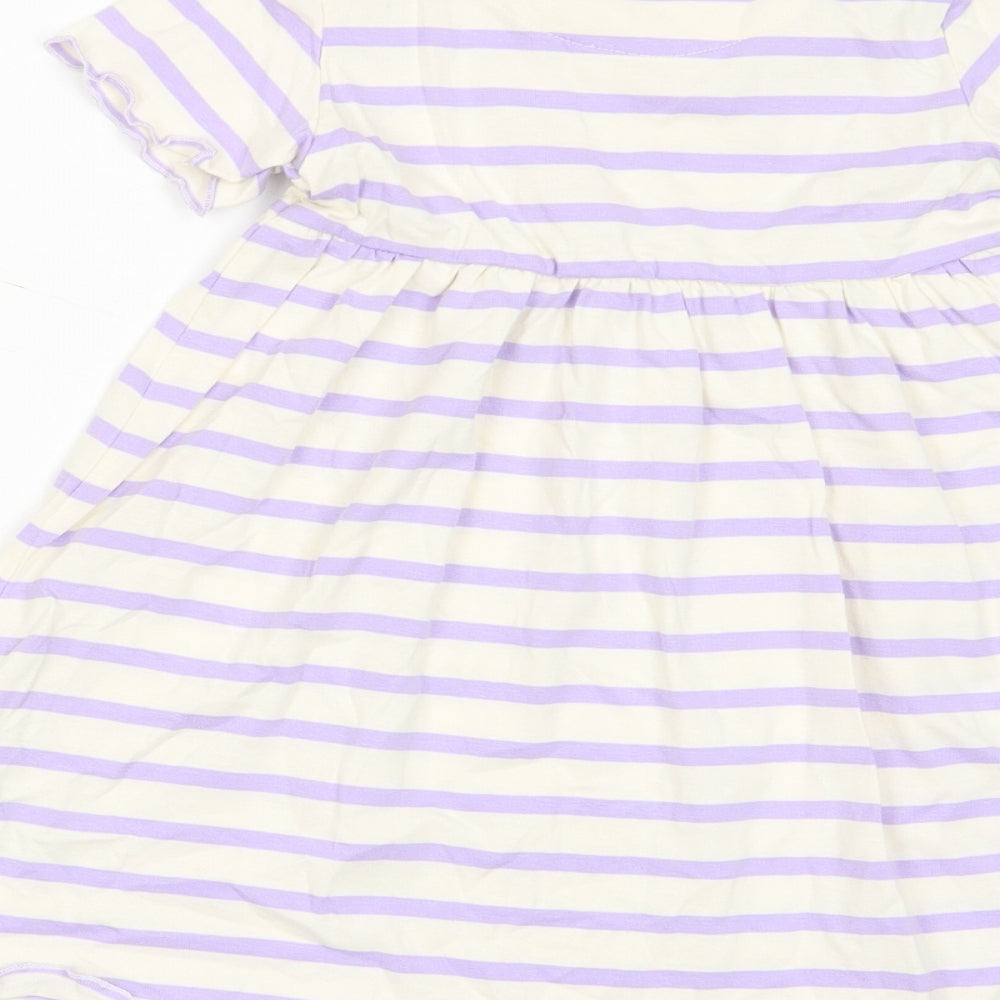 Marks & Spencer Girls Purple Striped Cotton A-Line Size 2-3 Years Crew Neck Button