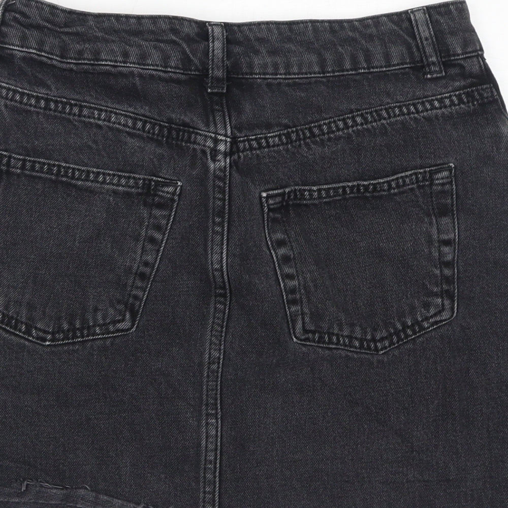 Topshop Womens Black Cotton A-Line Skirt Size 8 Zip - Distressed Hem