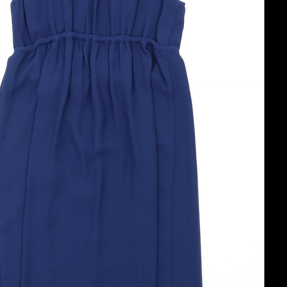 Max Studio Womens Blue Polyester A-Line Size M V-Neck Pullover - Frill Detail
