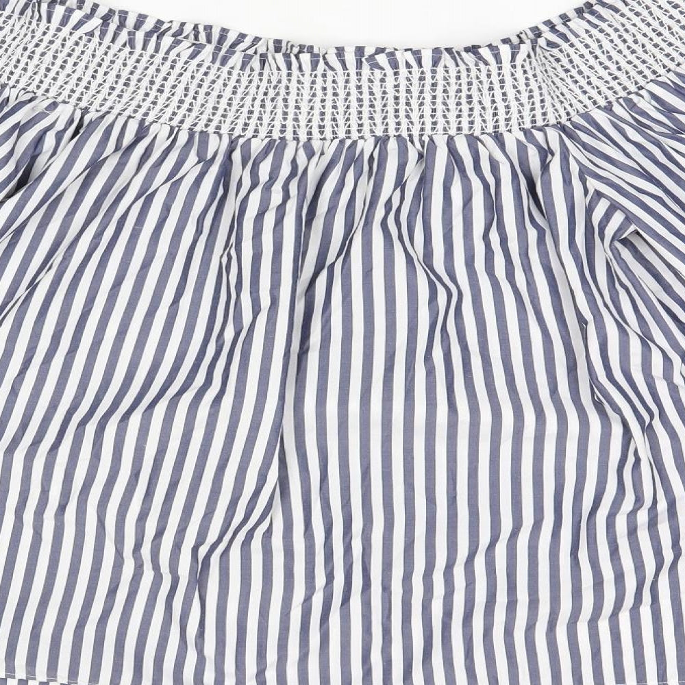 Marks & Spencer Womens Blue Striped Polyester Basic Blouse Size 12 Off the Shoulder - Leaf Embroidery