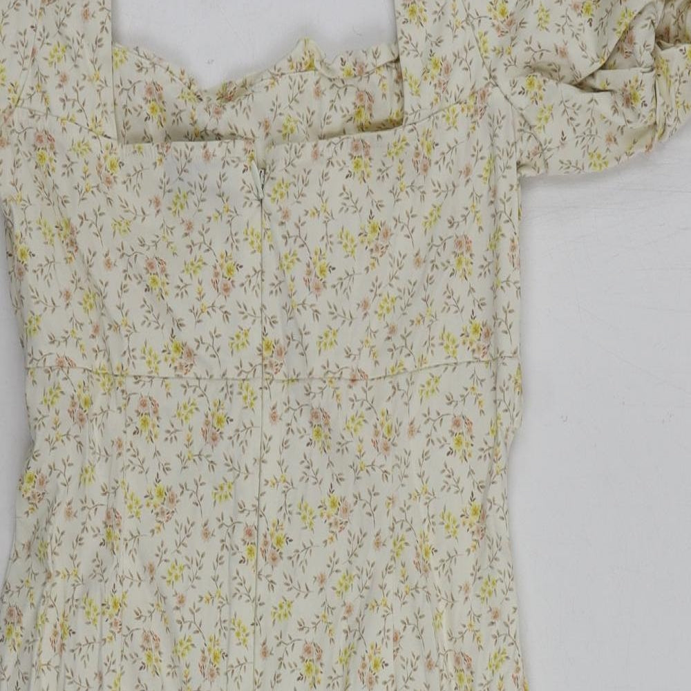 Topshop Womens Beige Floral Cotton Mini Size 10 Square Neck Zip - Puff Sleeve
