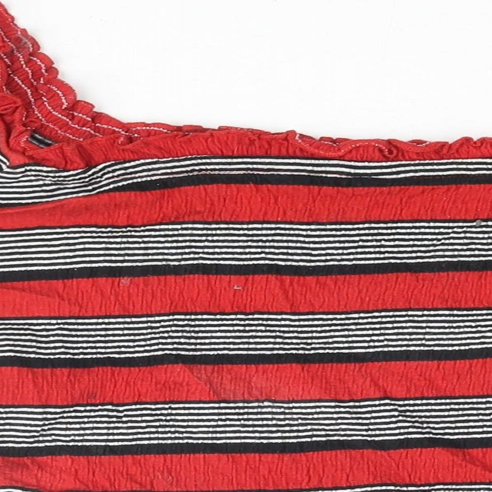 New Look Womens Red Striped Polyester Cropped Blouse Size 8 Off the Shoulder - Rouched