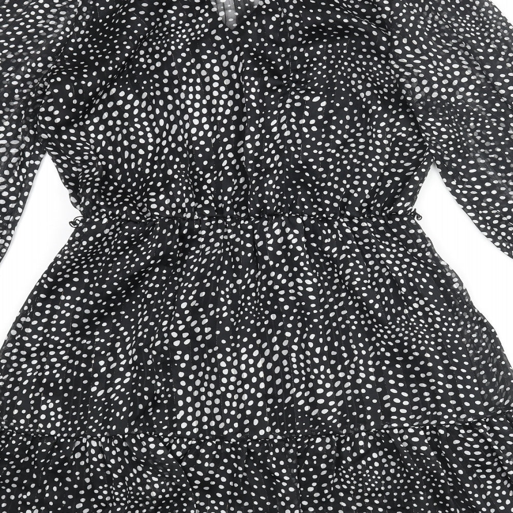 Lipsy Womens Black Polka Dot Polyester A-Line Size 12 V-Neck Tie - Frill Bow