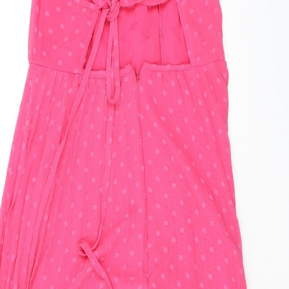 ASOS Womens Pink Polka Dot Polyester A-Line Size 10 Halter Zip - Open Back