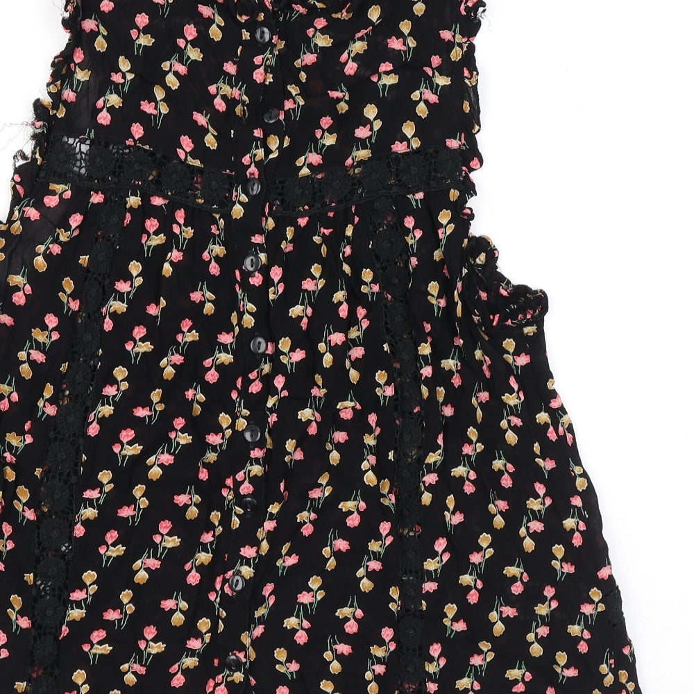 Topshop Womens Black Floral Viscose Basic Tank Size 8 Mock Neck