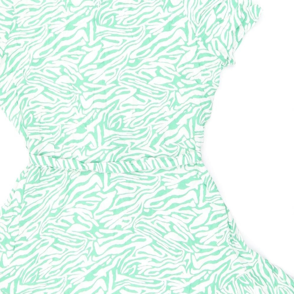 Marks & Spencer Womens Green Animal Print Viscose Skater Dress Size 12 Round Neck Button - Zebra Print, Belted