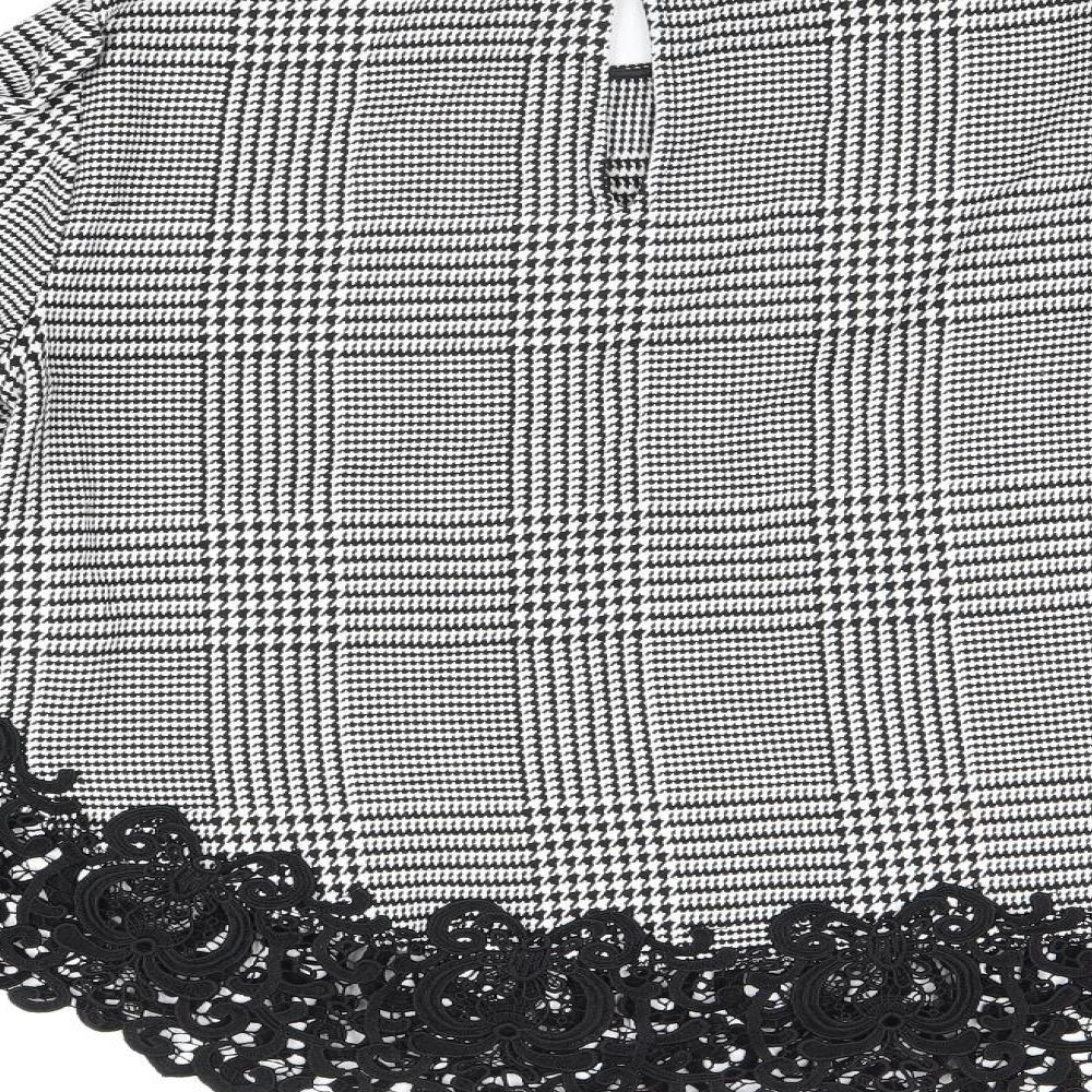 Zara Womens Grey Geometric Polyester Basic Blouse Size M Round Neck - Houndstooth Pattern Crochet Details