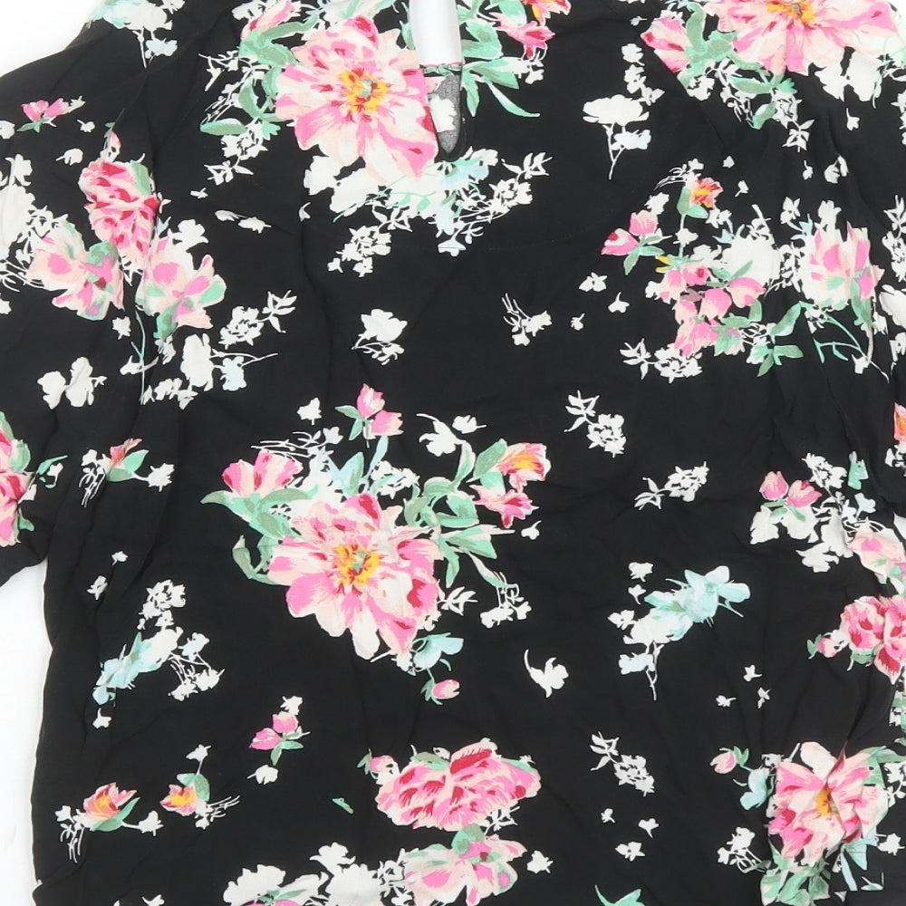 Marks & Spencer Womens Black Floral Viscose Basic Blouse Size 6 Round Neck
