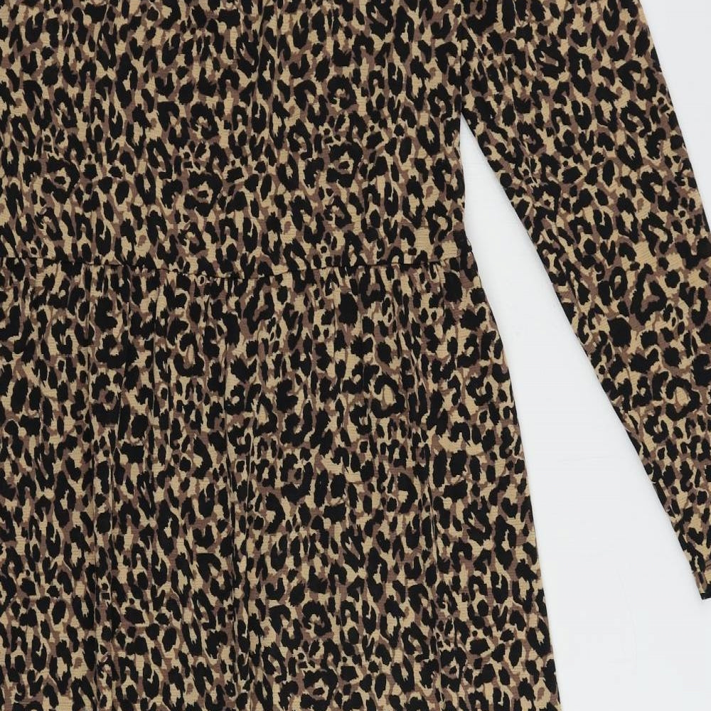 ASOS Womens Brown Animal Print Polyester A-Line Size 8 V-Neck Pullover - Ruffle