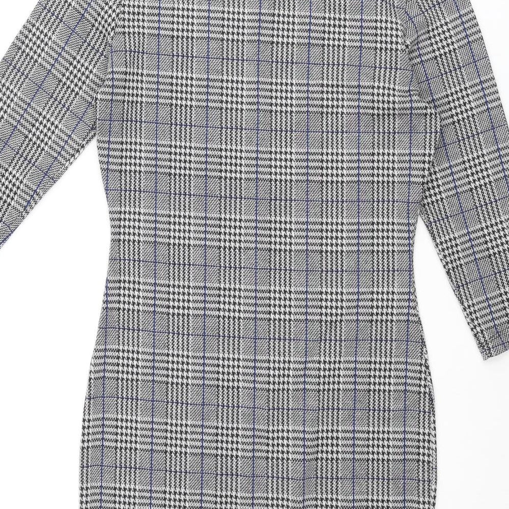 Mango Womens Black Check Polyester Bodycon Size M Round Neck Pullover - Button Detail