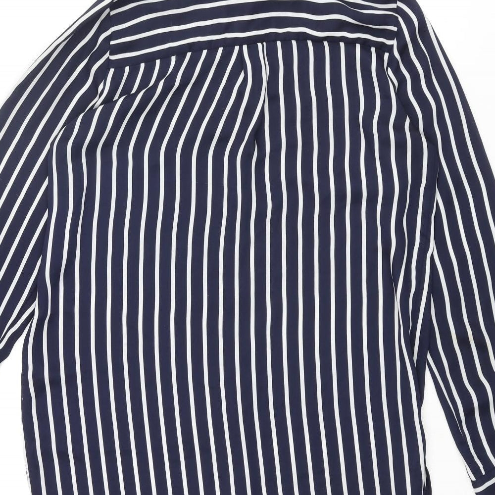 H&M Womens Blue Striped Polyester Basic Button-Up Size 8 Collared