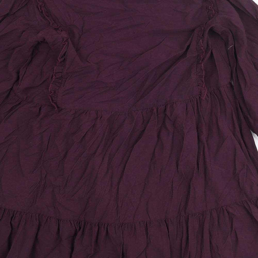 Zara Womens Purple Viscose A-Line Size M V-Neck Tie - Smocked Frill