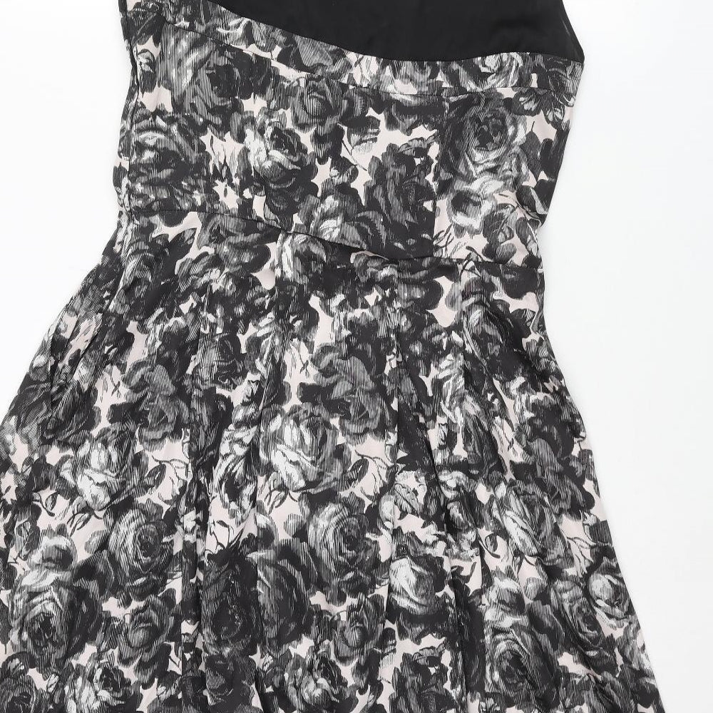 H&M Womens Black Floral Polyester Fit & Flare Size 12 Round Neck Zip - Pleated