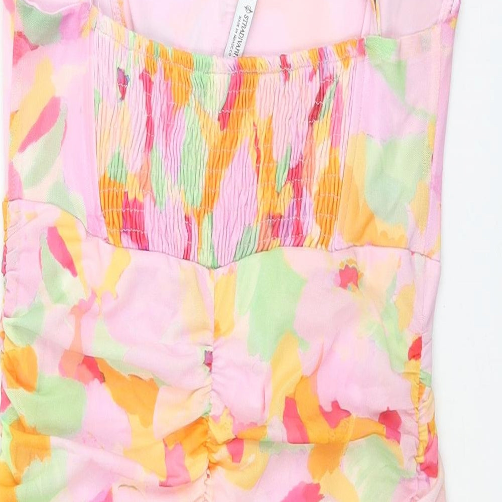 Stradivarius Womens Multicoloured Floral Polyester Mini Size L Scoop Neck Pullover - Rouched Corset Bodice