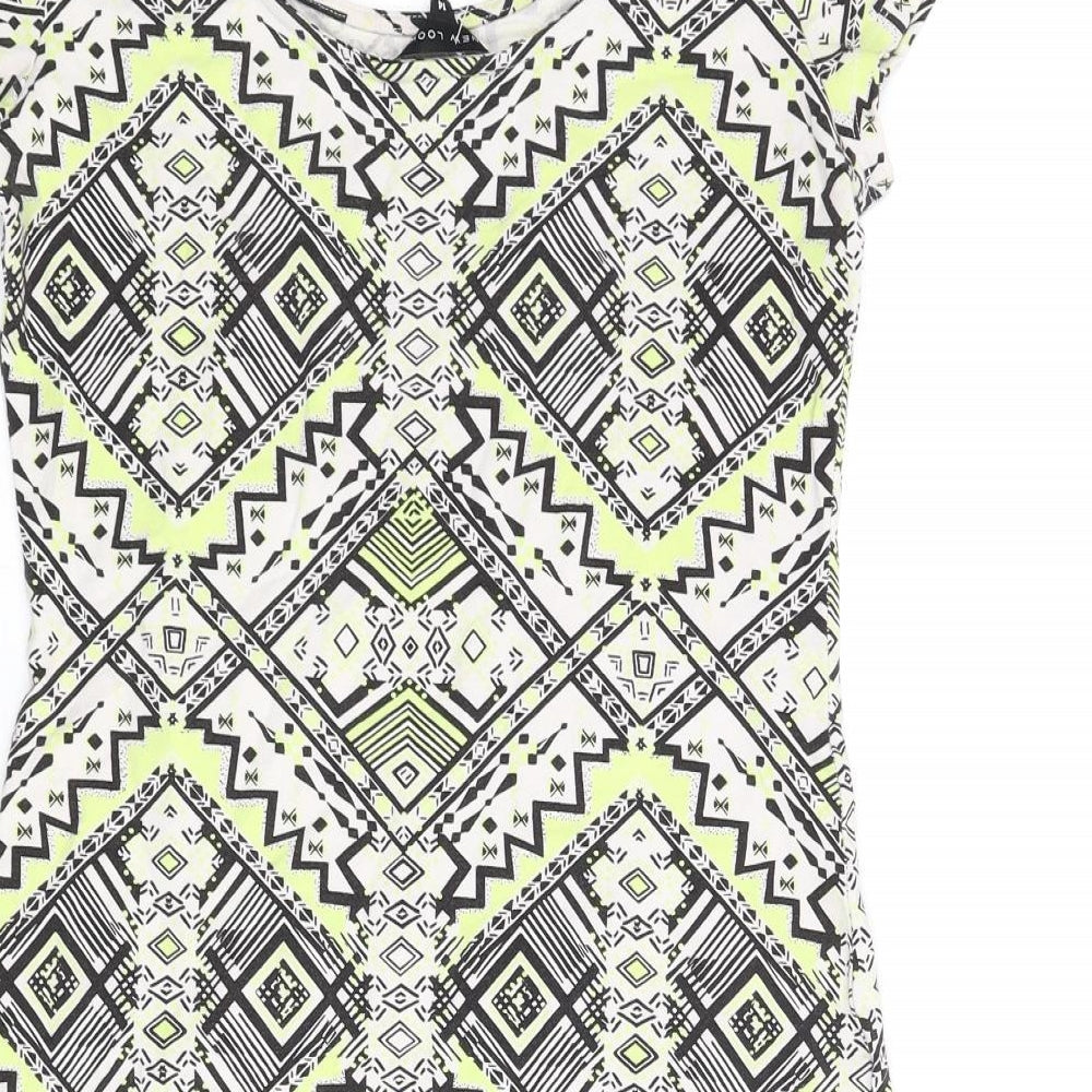 New Look Womens Multicoloured Geometric Cotton Bodycon Size 14 Scoop Neck Pullover