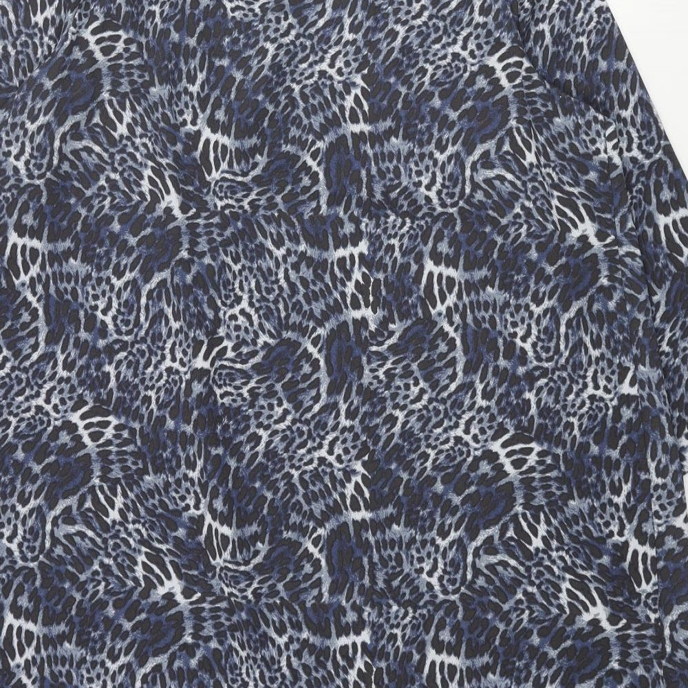 Marks & Spencer Womens Blue Animal Print Polyester Shift Size 18 Round Neck Button - Pleated Front Frill Leopard Print