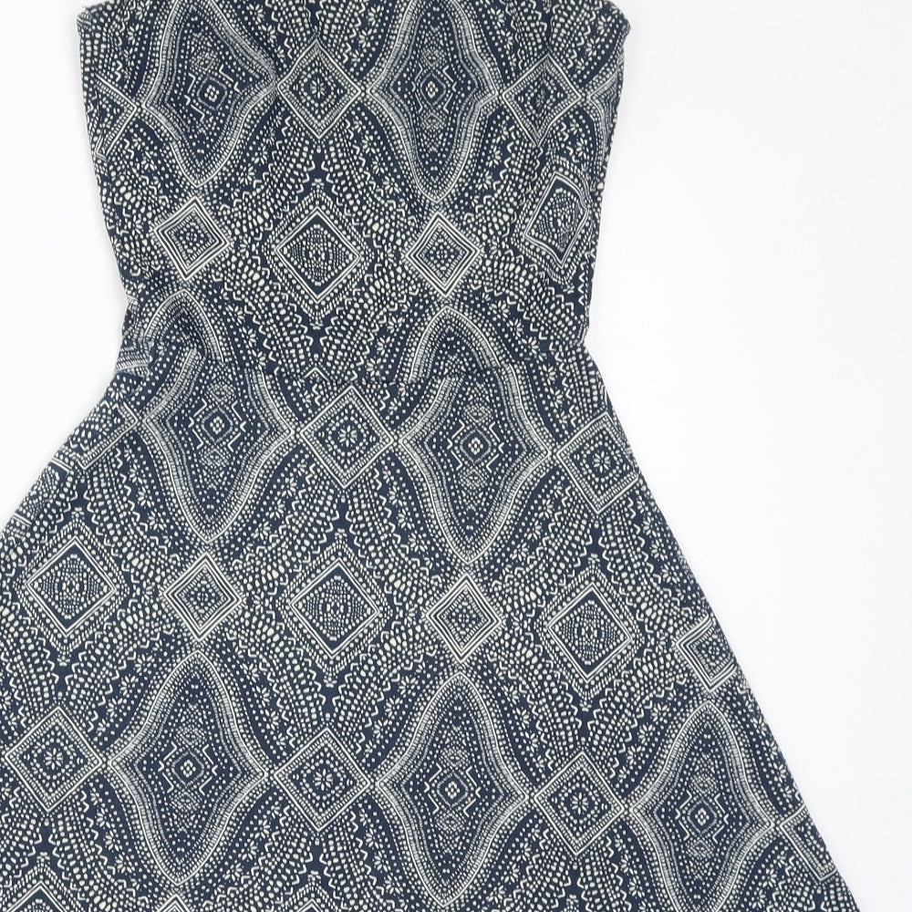 H&M Womens Blue Geometric Polyester Fit & Flare Size XS Round Neck Pullover