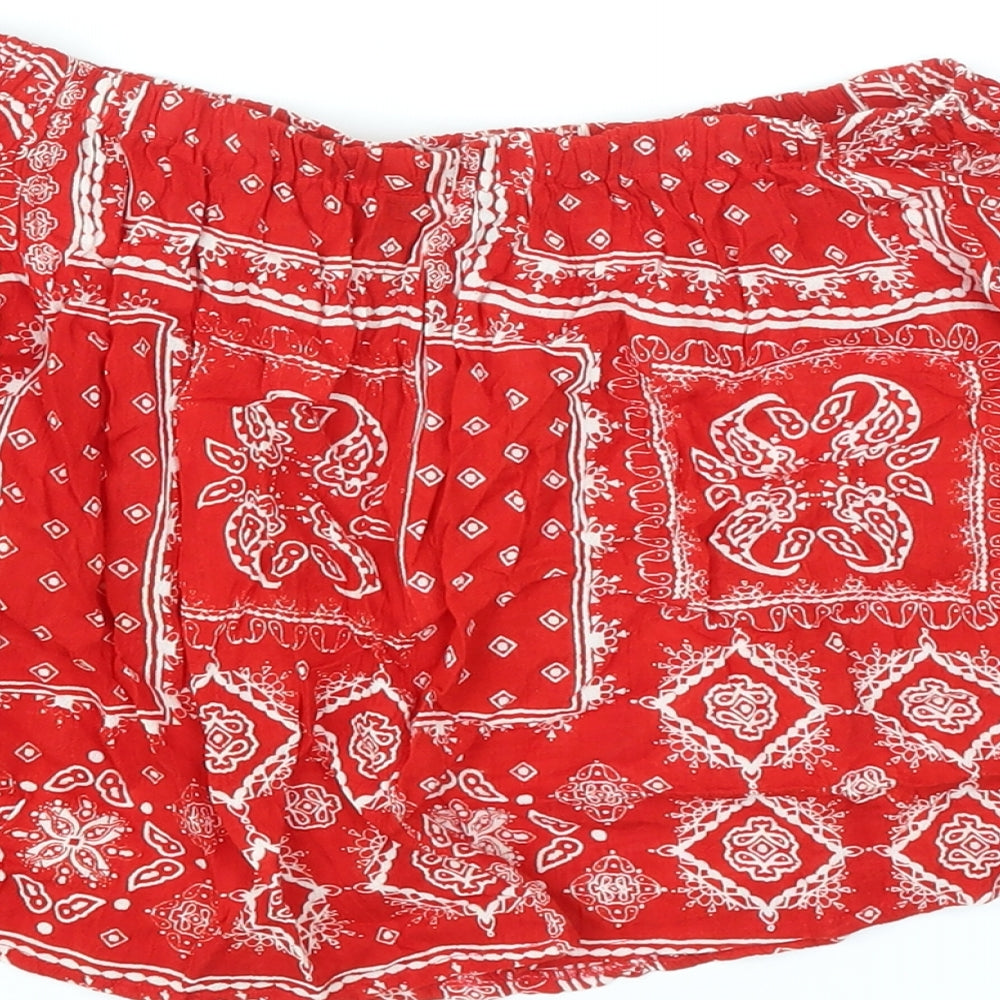 Select Womens Red Geometric Viscose Cropped Blouse Size 6 Off the Shoulder