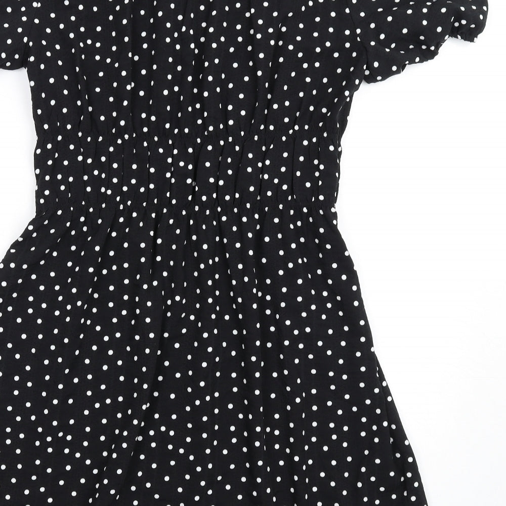 Marks & Spencer Womens Black Polka Dot Polyester A-Line Size 10 Round Neck Button