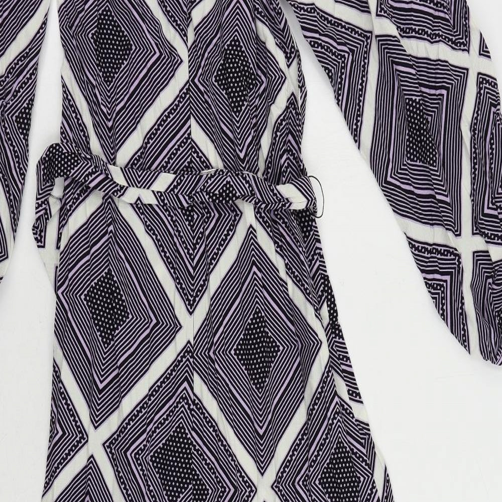 Marks & Spencer Womens Purple Geometric Viscose A-Line Size 8 Round Neck Zip - Belted