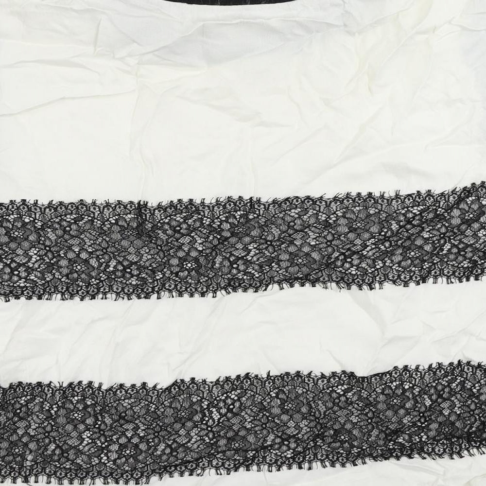 Zara Womens White Viscose Basic Blouse Size M Crew Neck - Lace Detail